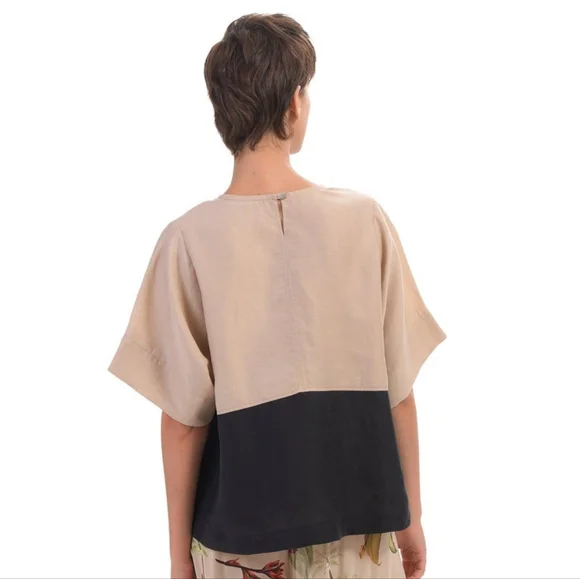 Alembika Belle Linen Tencel Top Size 18 Boxy Oversize Short Sleeve Khaki Black - Picture 9 of 15